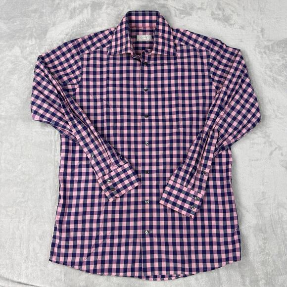 Eton Contemporary Check Dress Shirt Pink Blue Cotton Size 15.5 40 swedish Casual - Picture 2 of 9